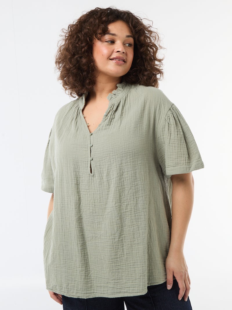 Blusa in garza di cotone con collo arricciato Verde - Kiabi