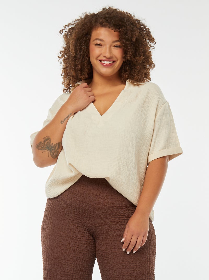 Blusa in garza di cotone con collo polo Bianco - Kiabi