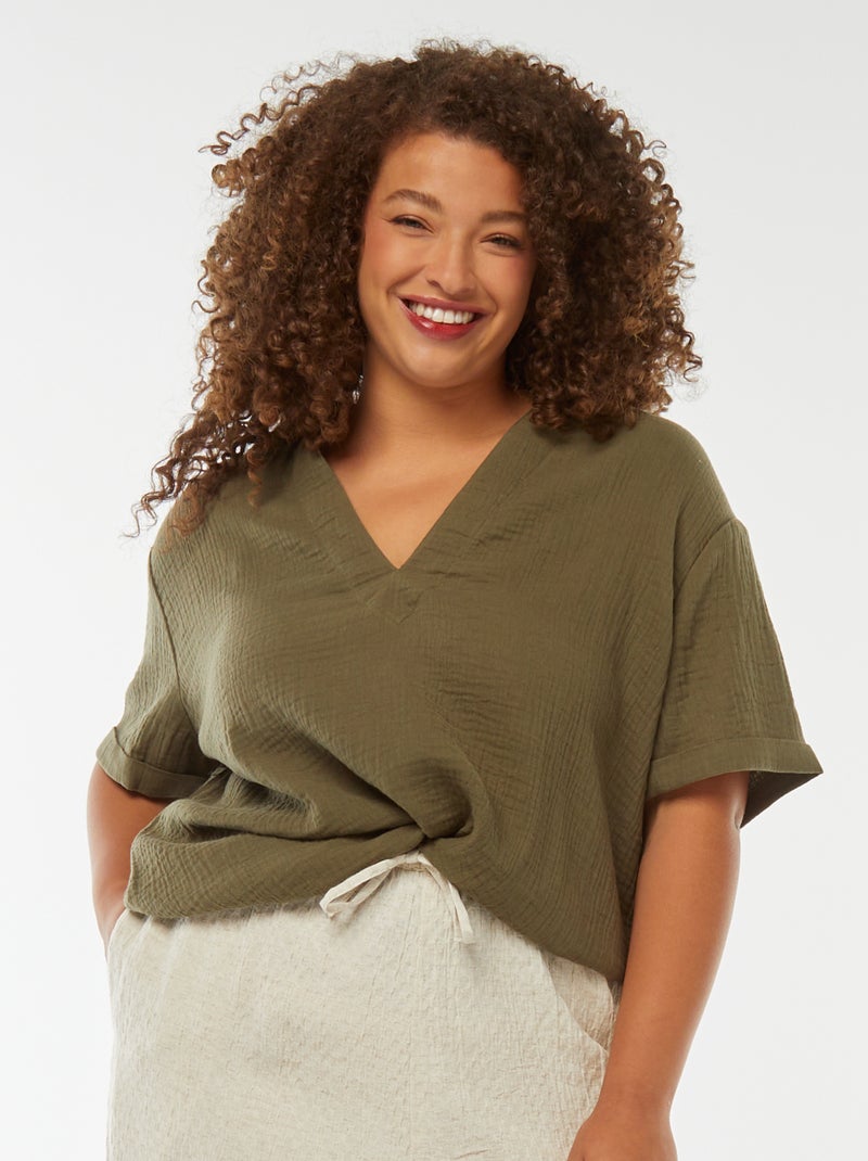 Blusa in garza di cotone con collo polo Kaki - Kiabi