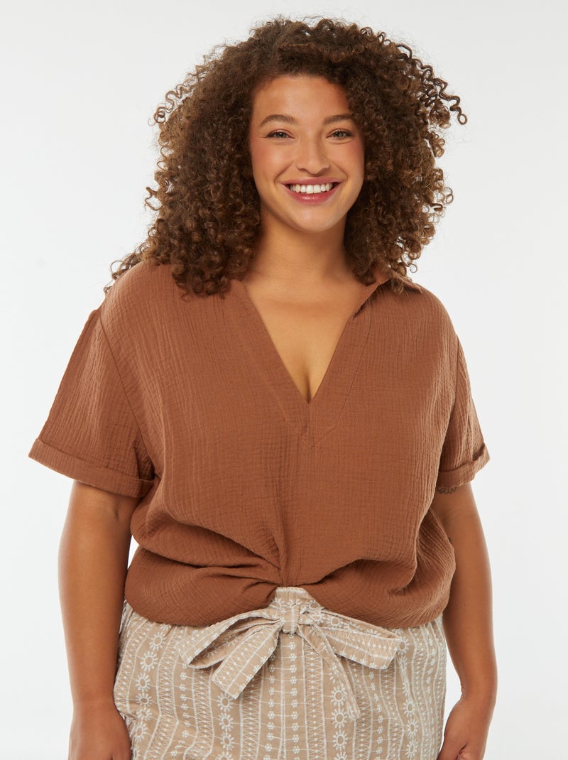 Blusa in garza di cotone con collo polo Marrone - Kiabi