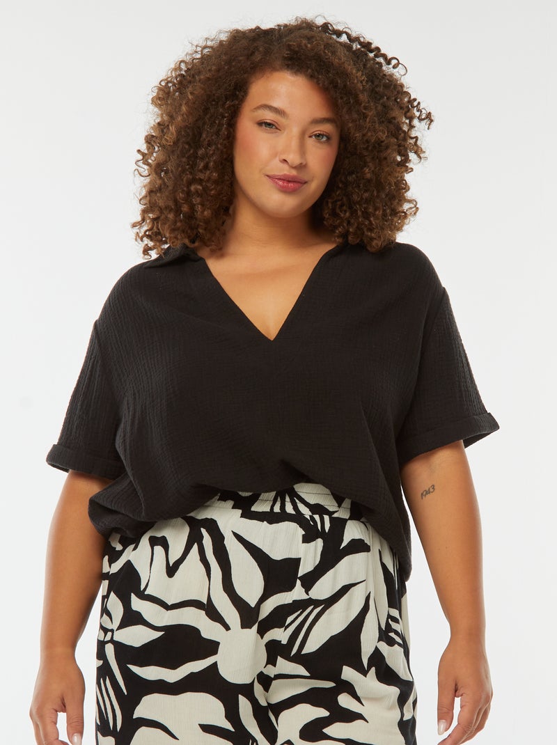Blusa in garza di cotone con collo polo nero - Kiabi