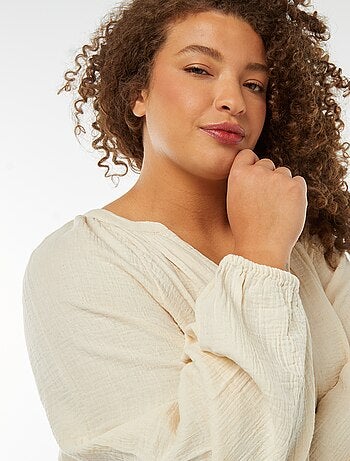 Blusa in garza di cotone con maniche a sbuffo