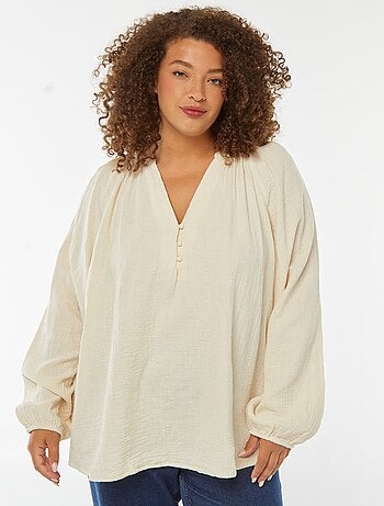 Blusa in garza di cotone con maniche a sbuffo