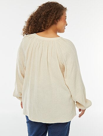 Blusa in garza di cotone con maniche a sbuffo