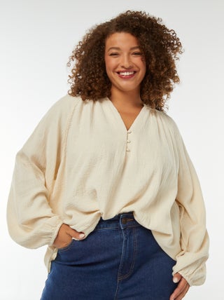 Blusa in garza di cotone con maniche a sbuffo