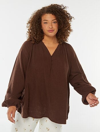 Blusa in garza di cotone con maniche a sbuffo