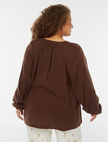 Blusa in garza di cotone con maniche a sbuffo