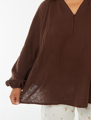 Blusa in garza di cotone con maniche a sbuffo