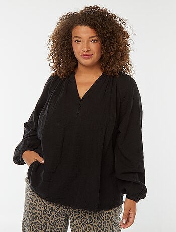 Blusa in garza di cotone con maniche a sbuffo