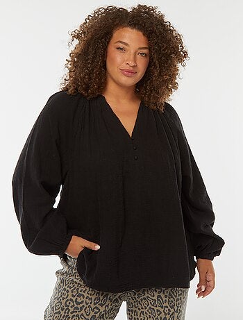 Blusa in garza di cotone con maniche a sbuffo