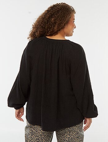 Blusa in garza di cotone con maniche a sbuffo