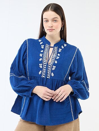 Blusa in garza di cotone con ricami fantasia e lacci al collo