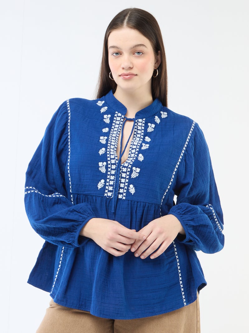 Blusa in garza di cotone con ricami fantasia e lacci al collo Blu - Kiabi