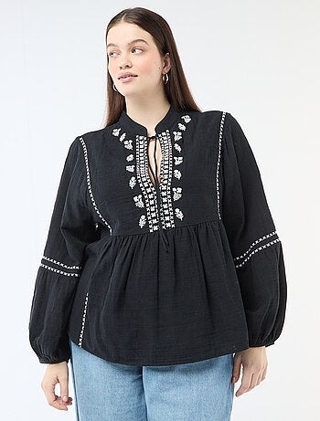 Blusa in garza di cotone con ricami fantasia e lacci al collo