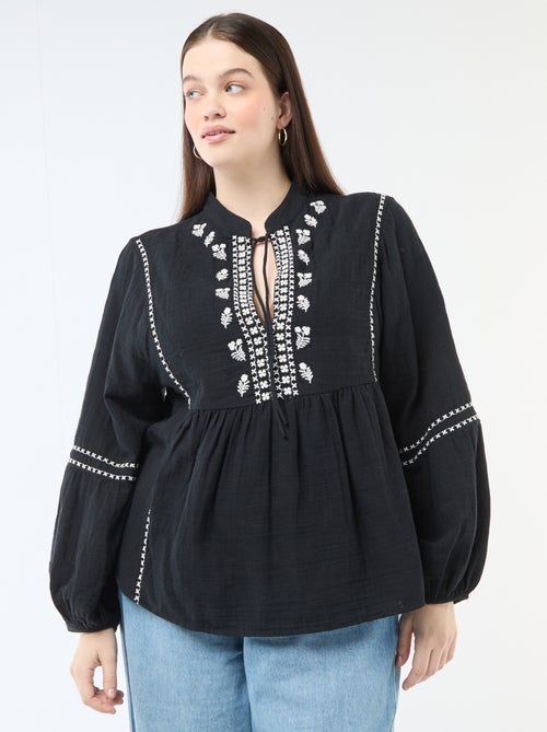 Blusa in garza di cotone con ricami fantasia e lacci al collo - Kiabi