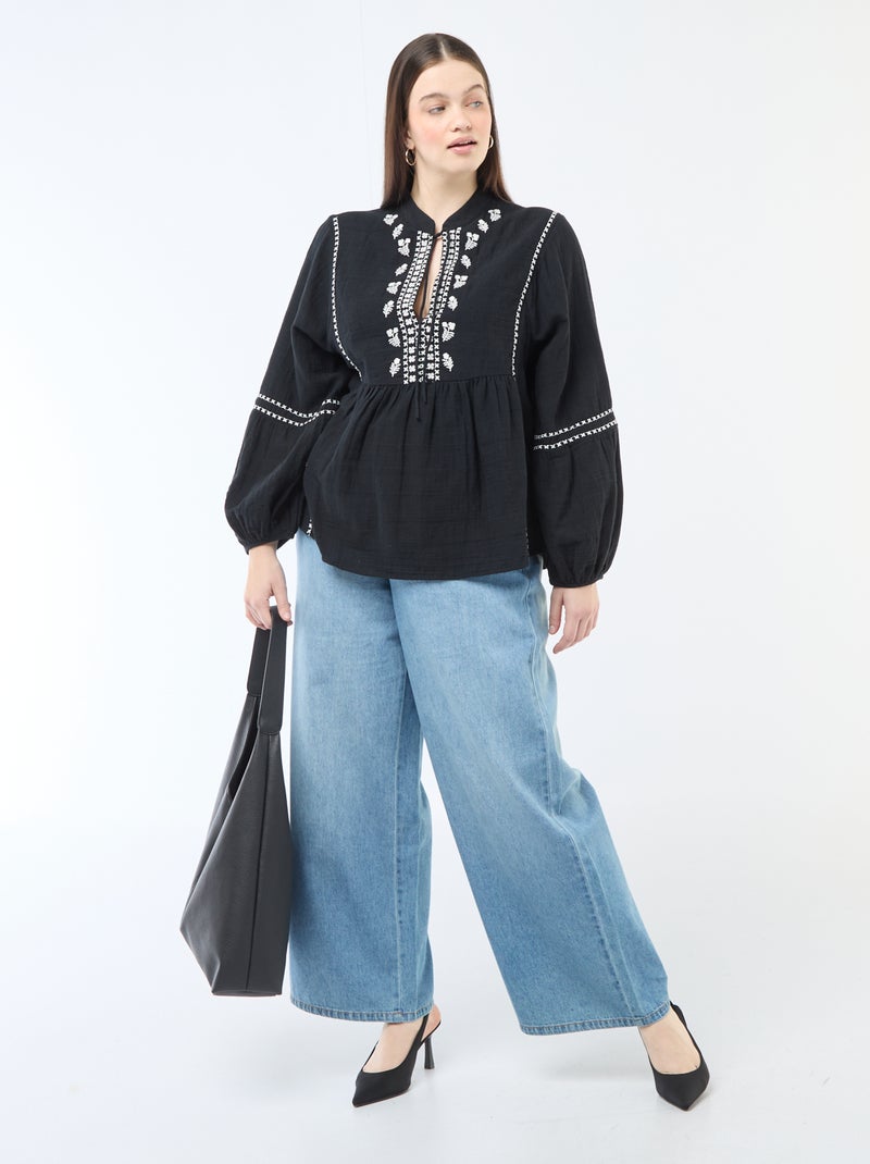 Blusa in garza di cotone con ricami fantasia e lacci al collo Nero - Kiabi