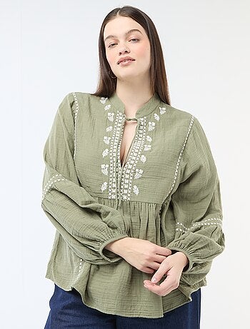 Blusa in garza di cotone con ricami fantasia e lacci al collo