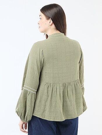 Blusa in garza di cotone con ricami fantasia e lacci al collo
