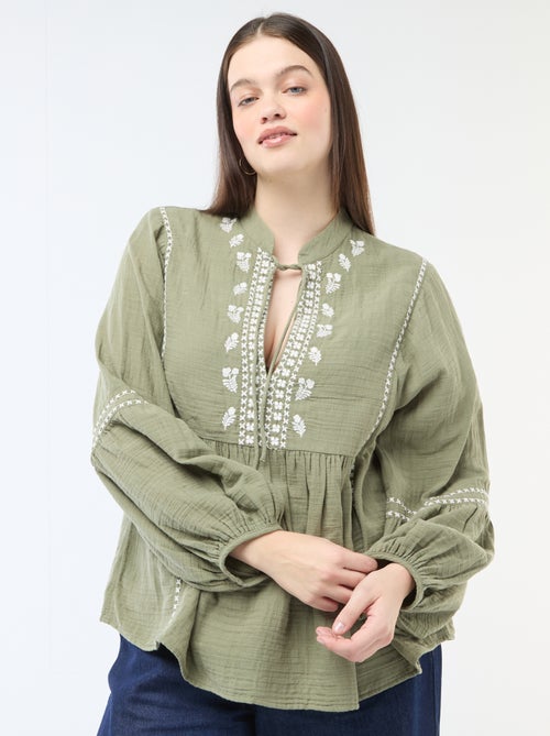 Blusa in garza di cotone con ricami fantasia e lacci al collo - Kiabi