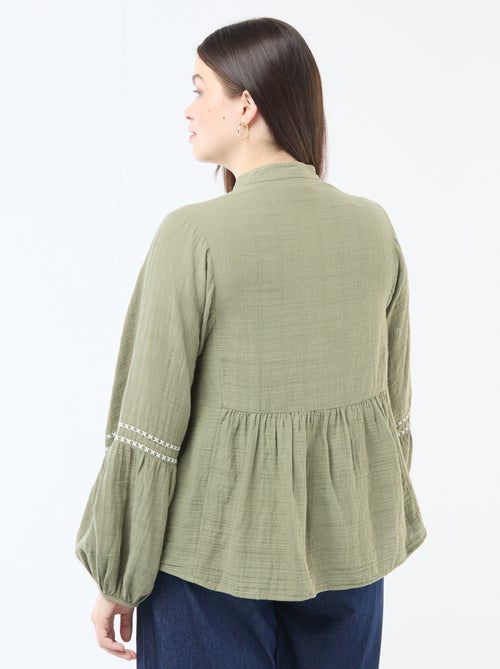 Blusa in garza di cotone con ricami fantasia e lacci al collo - Kiabi