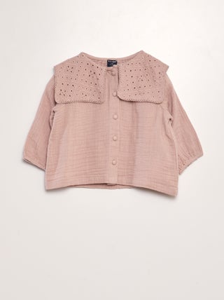 Blusa in garza di cotone con ricami sul collo