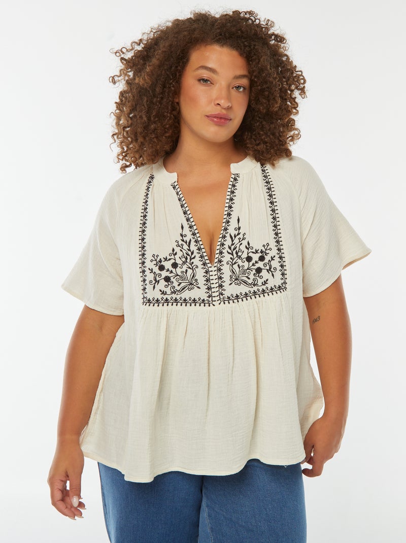 Blusa in garza di cotone con scollo ricamato Bianco - Kiabi