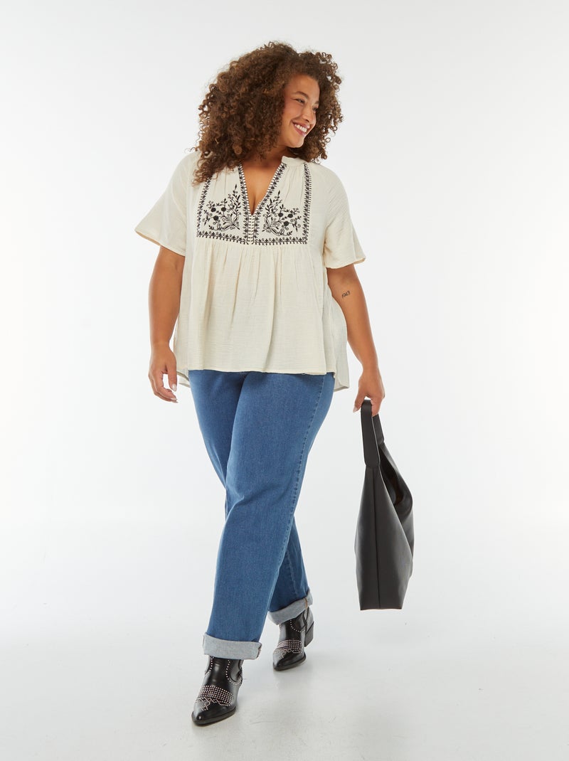 Blusa in garza di cotone con scollo ricamato Bianco - Kiabi