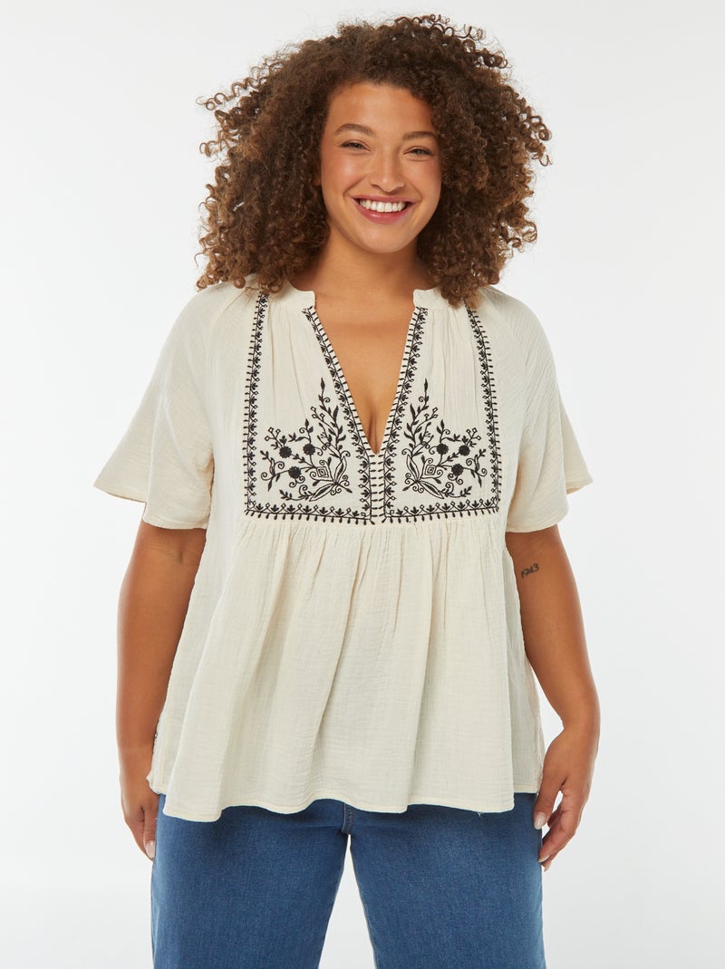 Blusa in garza di cotone con scollo ricamato Bianco - Kiabi