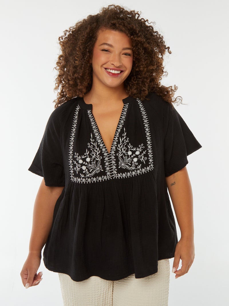 Blusa in garza di cotone con scollo ricamato nero - Kiabi