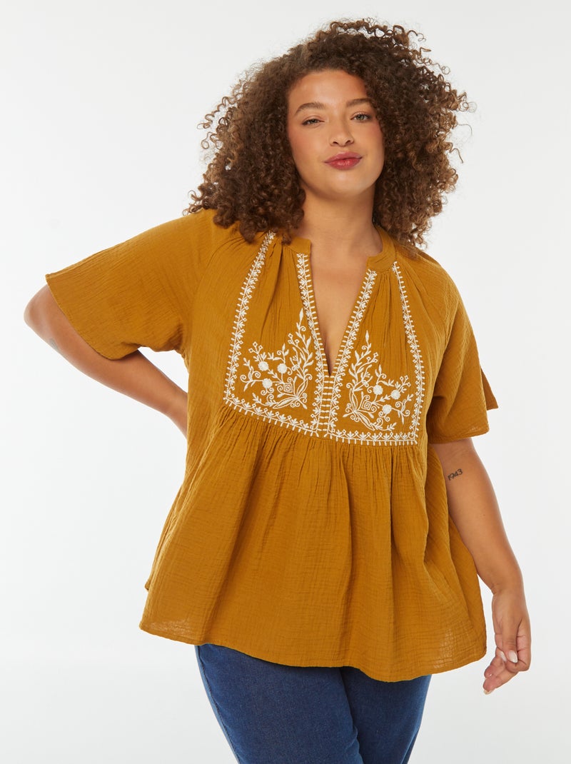 Blusa in garza di cotone con scollo ricamato Rosso - Kiabi