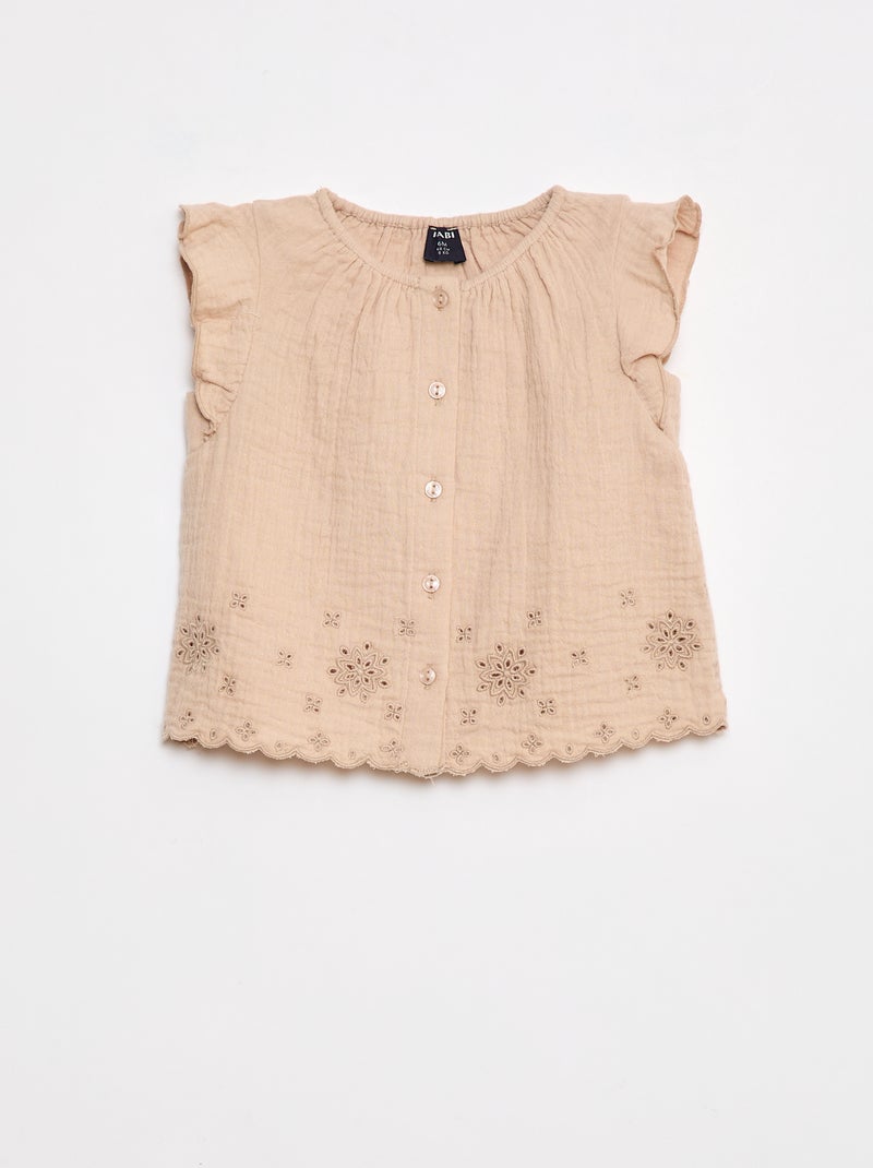 Blusa in garza di cotone con volant sulle maniche corte Beige - Kiabi