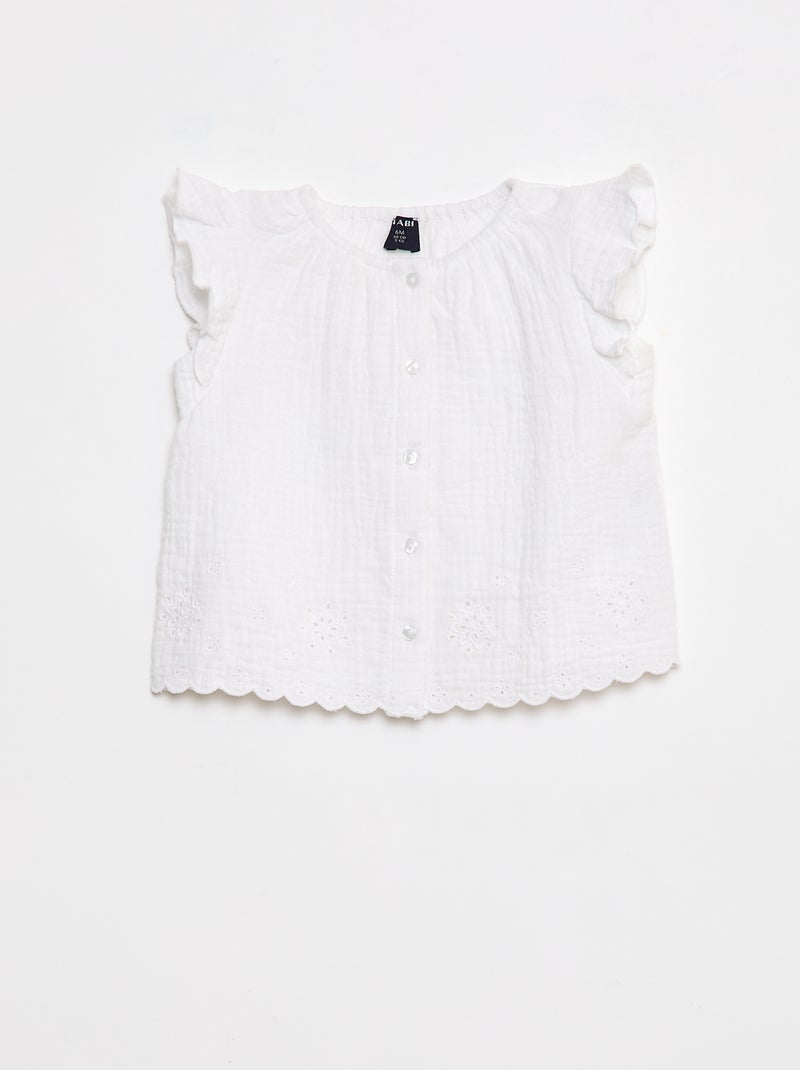 Blusa in garza di cotone con volant sulle maniche corte bianco - Kiabi