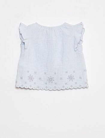 Blusa in garza di cotone con volant sulle maniche corte