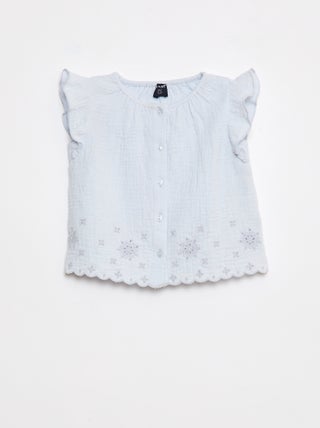 Blusa in garza di cotone con volant sulle maniche corte