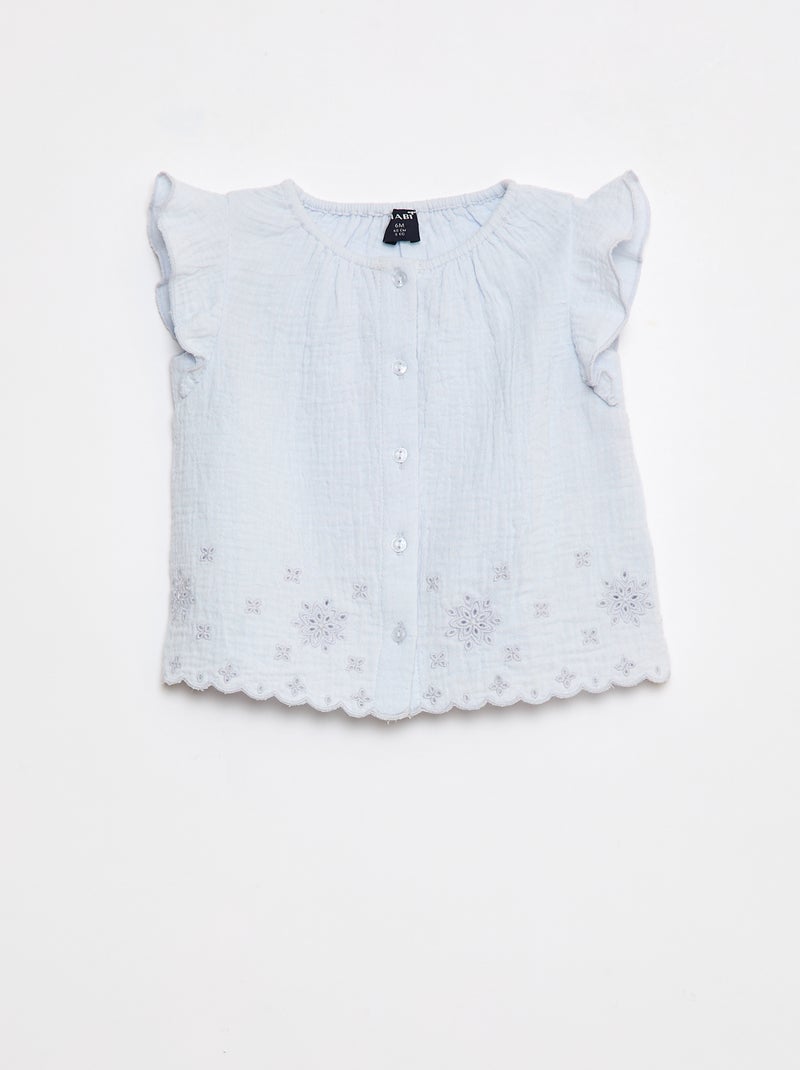Blusa in garza di cotone con volant sulle maniche corte Blu - Kiabi