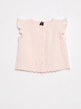 Blusa in garza di cotone con volant sulle maniche corte