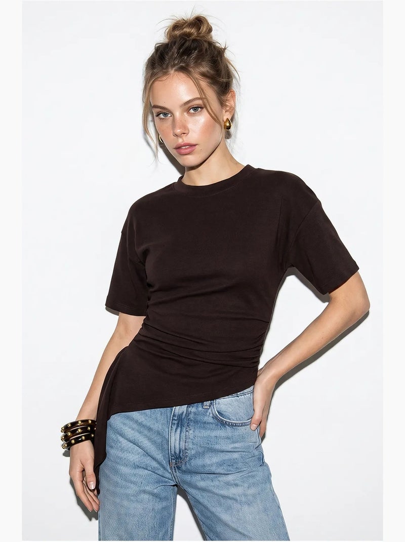 Blusa in jersey aderente con dettaglio drappeggiato lucci Marrone cioccolato - Kiabi