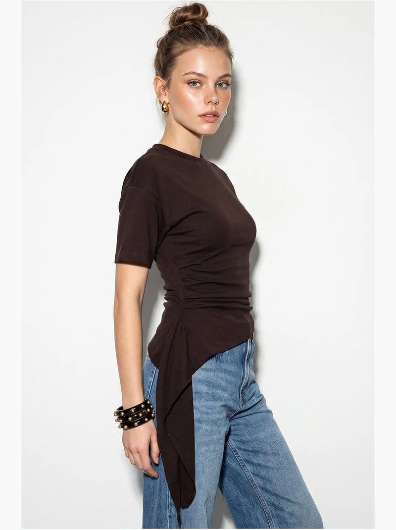 Blusa in jersey aderente con dettaglio drappeggiato lucci Marrone cioccolato - Kiabi