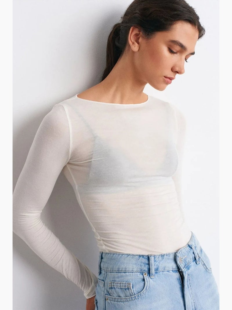Blusa in maglia slim fit con scollo a barca e maniche lunghe dilvin Bianco sporco - Kiabi