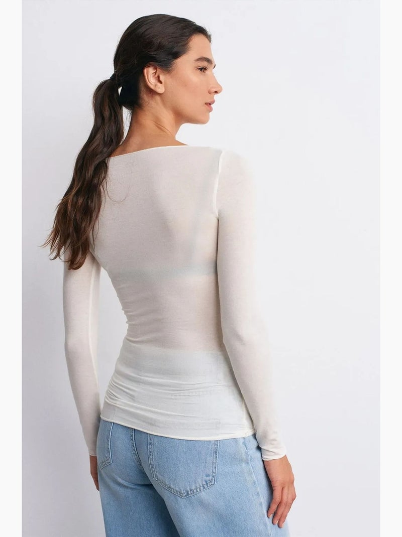Blusa in maglia slim fit con scollo a barca e maniche lunghe dilvin Bianco sporco - Kiabi