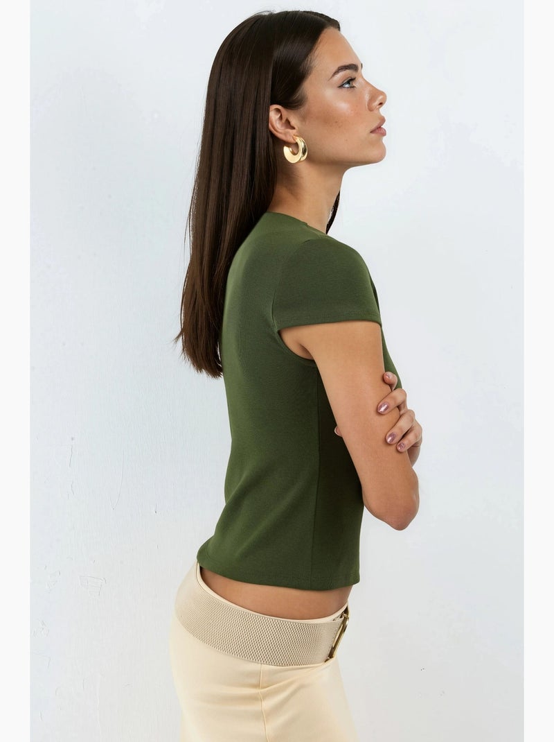 Blusa in misto cotone con girocollo e maniche corte busem Cachi - Kiabi