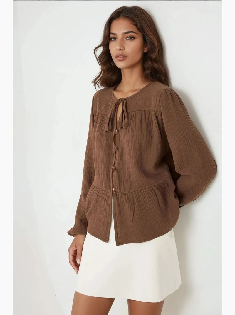 Blusa in mussola tessuta con girocollo e maniche lunghe hiccup Marrone chiaro - Kiabi