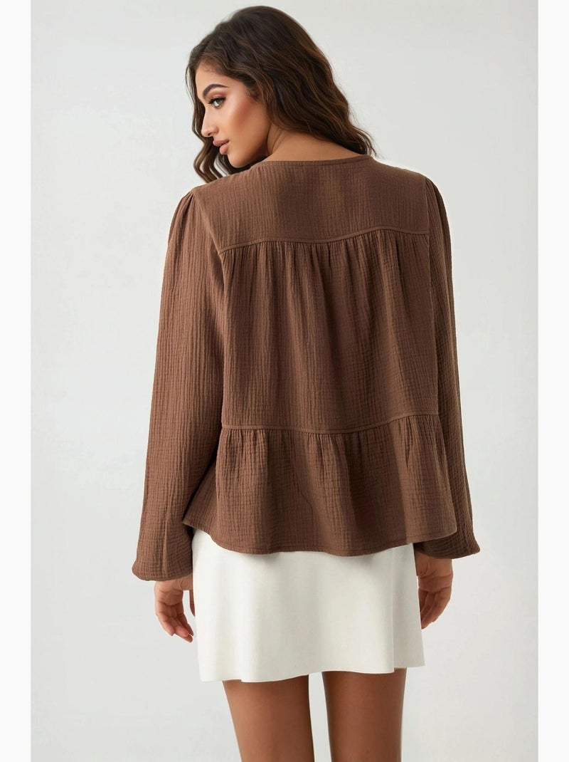 Blusa in mussola tessuta con girocollo e maniche lunghe hiccup Marrone chiaro - Kiabi