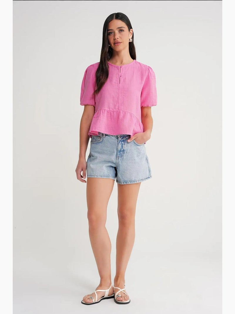 Blusa in mussola testurizzata con scollo tondo e bottoni mixray Rosa fluo/Solinotes - Kiabi