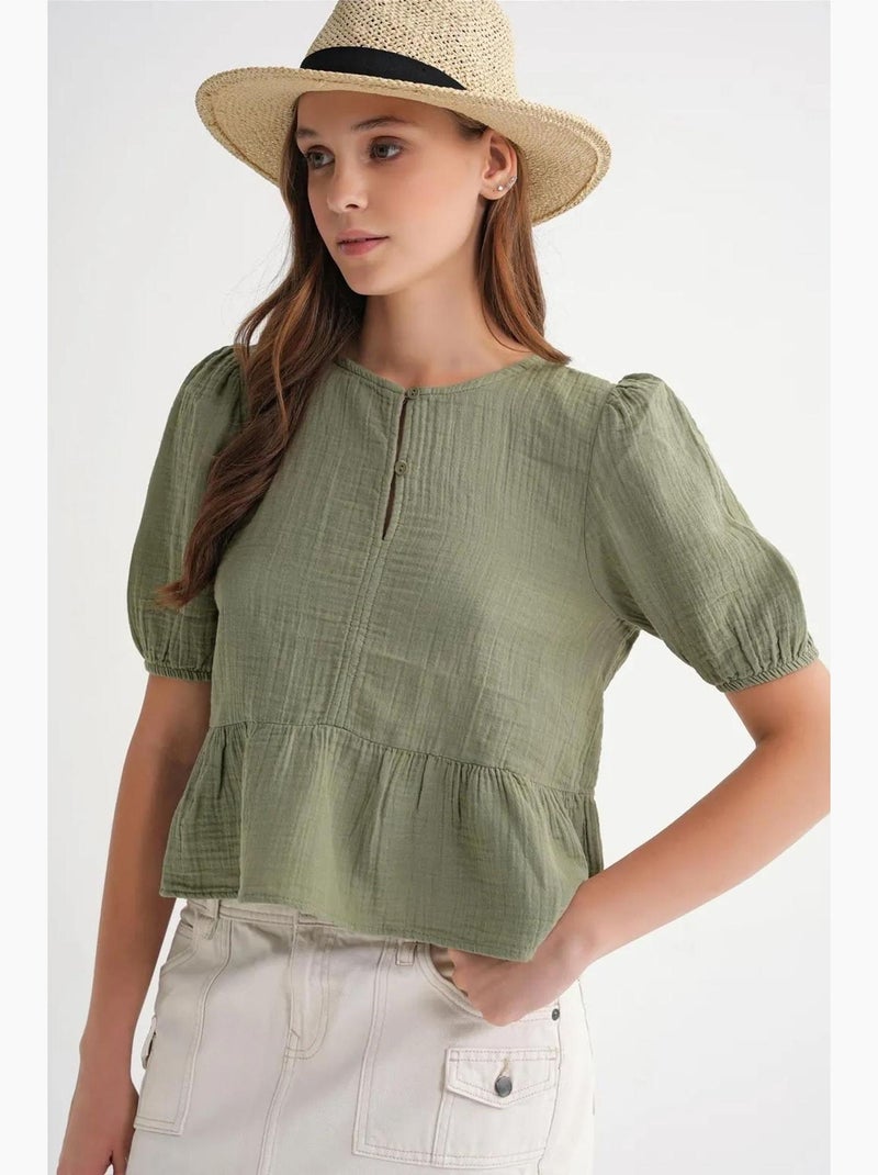 Blusa in mussola testurizzata con scollo tondo e bottoni mixray Verde kaki - Kiabi