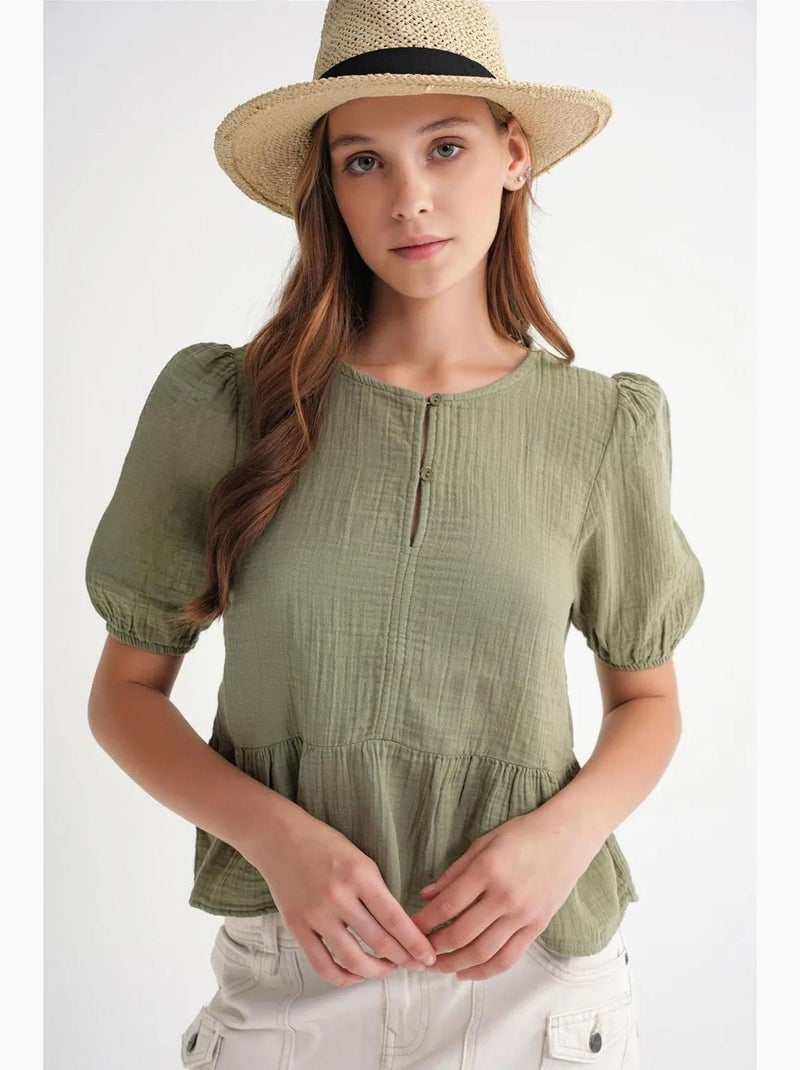 Blusa in mussola testurizzata con scollo tondo e bottoni mixray Verde kaki - Kiabi