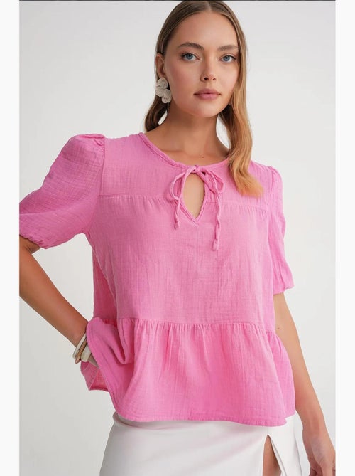 Blusa in mussola testurizzata con scollo tondo e profili mixray - Kiabi Blusa in mussola testurizzata con scollo tondo e profili mixray - Kiabi
