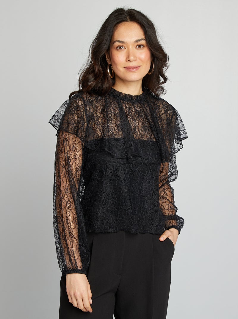 Blusa in pizzo con volant nero - Kiabi