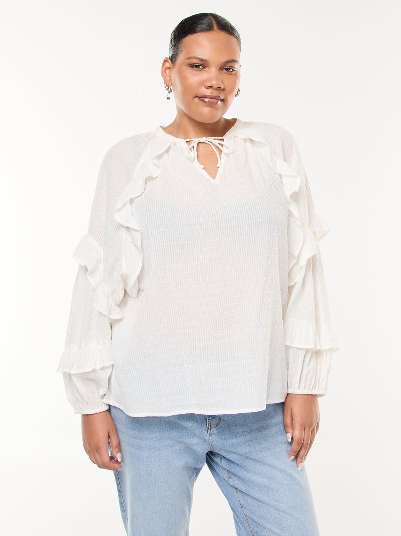 Blusa in plumetis con volant e lacci da annodare al collo Bianco - Kiabi