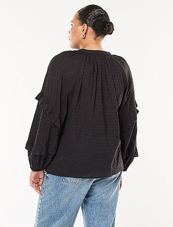 Blusa in plumetis con volant e lacci da annodare al collo
